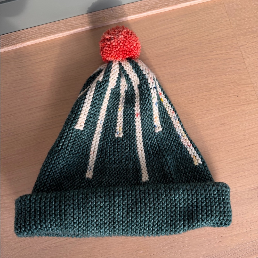 Degen Green and White Knit Beanie with Orange Pom